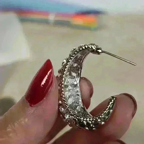 Slivertone rehnistones half moon earrings - Picture 6 of 11